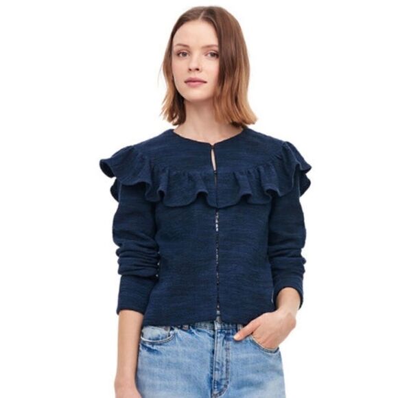 Rebecca Taylor Navy Blue stretch Tweed ruffle jacket - Picture 1 of 12